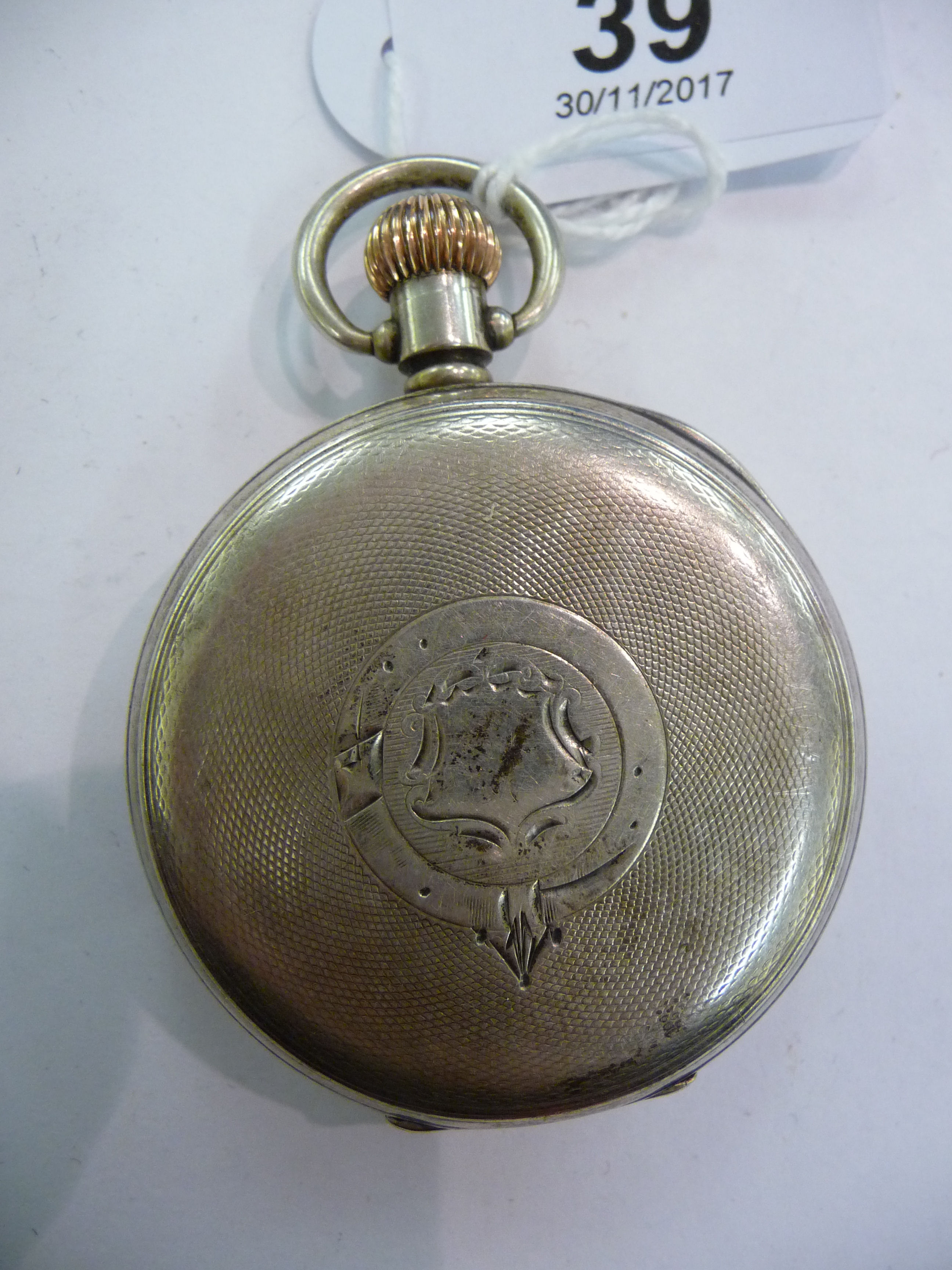 A silver cased open face pocket watch with engine turned decoration, - Image 2 of 4