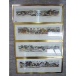 Four reproduced 19thC coloured coaching prints 8'' x 24'' framed CA