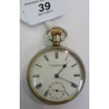 A silver cased open face pocket watch with engine turned decoration,
