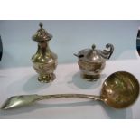 A silver pedestal vase design pepper pot and matching,