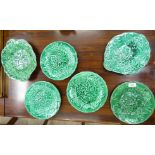 Nine late 19thC moulded green leaf pottery plates 9''dia RAF