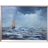 20thC British School - a sailing ship on calm water oil on board bears an indistinct signature 6.