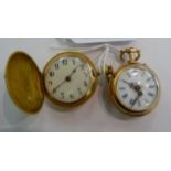 A lady's 14ct gold cased full hunter fob watch, faced by an Arabic dial; and another,