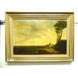 19thC British School - travellers in a windswept landscape oil on canvas 15'' x 23'' framed