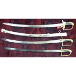 Three replica swords: to include a cavalry design example with a metal scabbard the blade 31''L