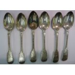 A set of six early Victorian silver fiddle pattern teaspoons with bright-cut engraved scrolled and