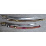 Two Indian Cavalry swords with cast brass handles and knuckle guards the blades 30''L BSR