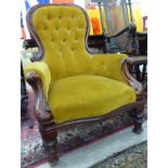 A late Victorian mahogany showwood framed salon chair,