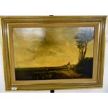 19thC British School - travellers in a windswept landscape oil on canvas 15'' x 23'' framed