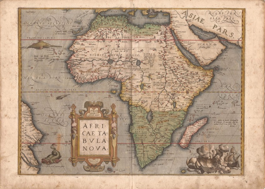 Abraham Ortelius Africae Tabula Nova This is a beautiful, rare example of a landmark map of Africa