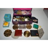 A quantity of costume jewellery; compacts; a silver cigarette case; etc.