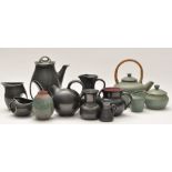 Studio Pottery: a green glaze three-piece tea set, by Michael Andersen, numbered 5532-1, 5603, 5604,