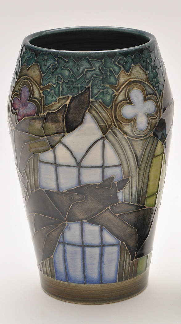 Sally Tuffin for Dennis China Works: A Gothic Halloween style vase with bat design, ovoid form,