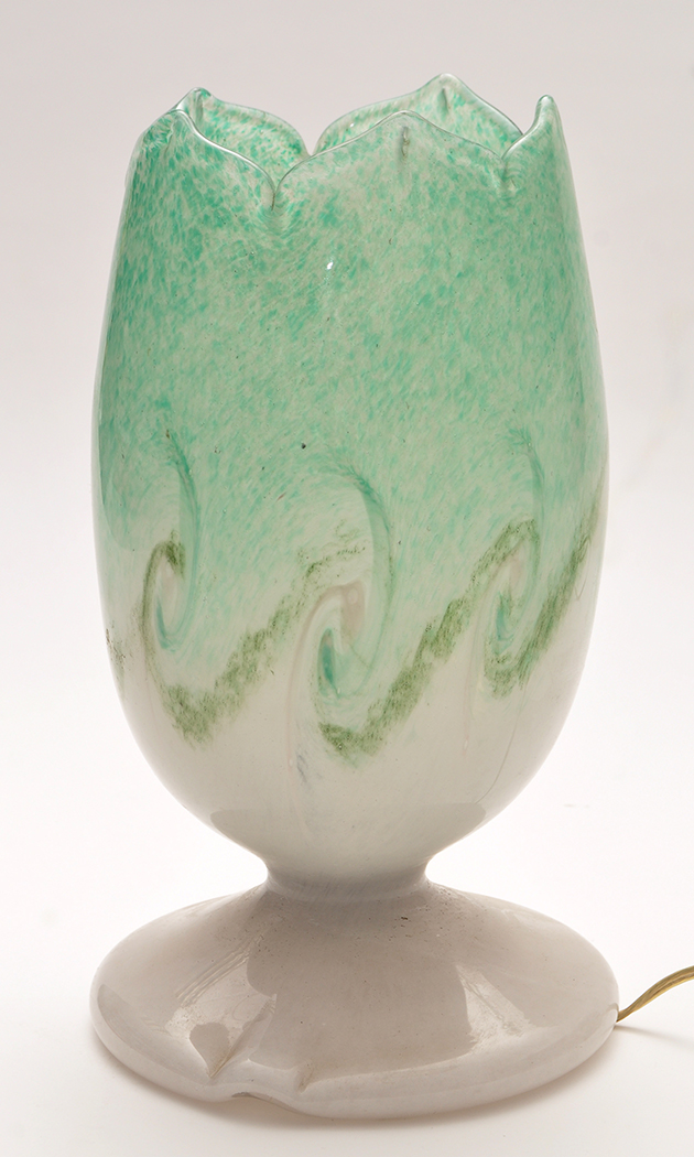 Vasart: a glass table lamp, mottled green and white swirl decoration, 26cms (10 1/4in.) high.