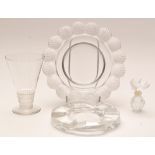 Lalique: shell dish with scallop rim; an ashtray; a wine glass with geometric design stem,