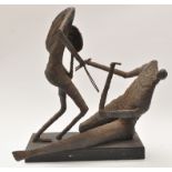 Abstract bronze group: gladiators fighting, raised on metal and wooden base,