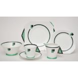 Shelley: 'Vogue' green block pattern Art Deco part tea service, comprising: cream, sugar, two cups,