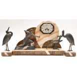 Raymond Pierre: an Art Deco marble and spelter clock garniture, depicting a huntress,