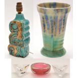 A pottery table lamp by Bernard Rooke; a Beswick vase; a Murano ashtray;