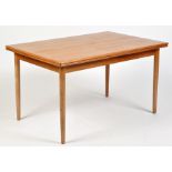 A teak draw leaf dining table, raised on turned tapering legs, 240 x 86 x 73cms high.