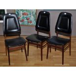 A set of six teak dining chairs, c.1970's, with black vinyl backs and seats.