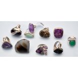 Ten gemstone set silver rings, including: agate, quartz, and others.