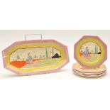 Clarice Cliff: a sandwich set, 'Bizarre' range, the plates with marks 'A.J. Wilkinson Ltd.