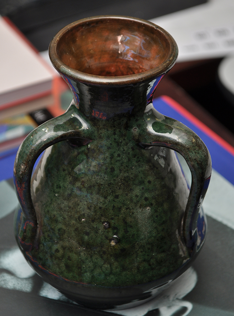 Burmantoft: two Art Nouveau style three-handled vases with green glaze, - Image 6 of 6