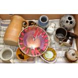 A quantity of Studio pottery, to include: a circular footed bowl, pink strip glaze on purple ground,