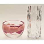 Sigurd Persson for Kosta Boda: a clear glass circular bowl with pink decoration to body, signed,