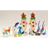 Murano ornaments: a pair of clowns; a pair of cockerels; two pairs of birds; three horses; etc.