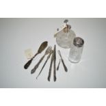 A pair of silver mounted glove stretchers; two silver and cut glass dressing table pots;