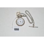 A silver cased open faced fob watch, by L.D. & C.I.E., fitted graduated silver Albert chain.