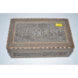 An Indo-Persian inlaid box with white metal panel depicting Royal entourage.