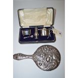 A three-piece silver condiment set, by E.S.B.