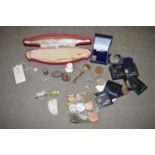 A quantity of costume jewellery; a faux pearl necklace; various coins; and sundries.