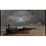 19th Century English School - figures on a beach by moonlight, watercolour,