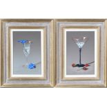 **** Casas - wine glass with blue flower; and Cocktail glass with raspberries, signed; signed verso,