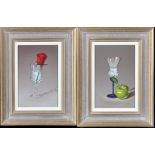 **** Casas - wine glass with apple; and wine glass with rose, signed; signed verso, oil on board,