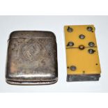 A horn and ivorine domino pattern vesta case, 5cms height; together with a silver vesta case,