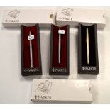Three Falcon Parker fountain pens, two in steel cases one in gold plated case, all boxed.