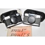 An Olympus-Pen D3 half-frame camera and an Olympus-Pen EE half-frame camera in leather pouch cases.