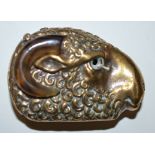 An Edwardian brass vesta case in the form of a rams head, set with horn horns (missing glass eyes),
