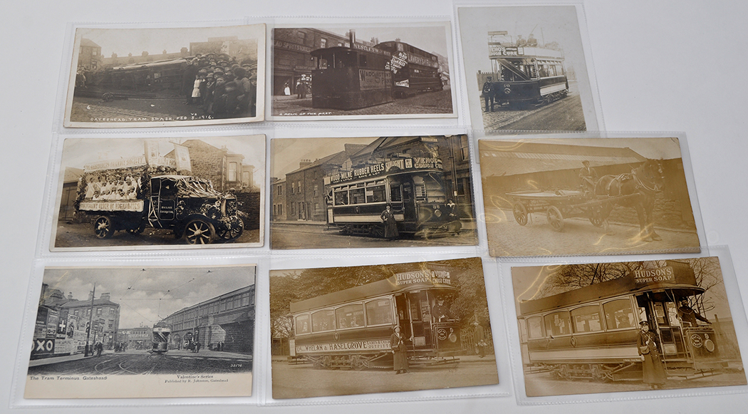 Tram and railway interest: black and white post cards of trams; a North East Railway Co.