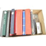 A large box of stamp albums from around the world; stock books; loose stamps; and empty files.