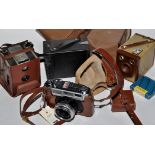 A Yashica Minister rangefinder camera; and three box-cameras, various.