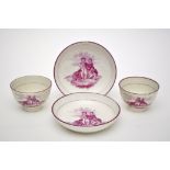 Pair of Shorthose & Co. puce-printed tea bowls and saucers, with 'marble players', diameter 11.