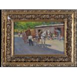 **** V*** (20th Century European School) A sunlit street scene with a man hitching a horse to a