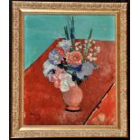 **** Aubry (20th Century) Still-life of flowers in a vase on green background, signed, oil on board,