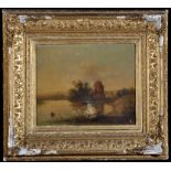 C*** Morris (19th Century) A ruined windmill by a lake, indistinctly signed, oil on canvas,